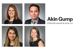 [ai] Four professional headshots of individuals arranged in a grid format. The top two images feature a woman in a black blazer and a man in a suit with a tie. The bottom two images show a woman with long hair and another woman wearing a black top. The company name, "Akin Gump Strauss Hauer & Feld LLP," is displayed on the right.
